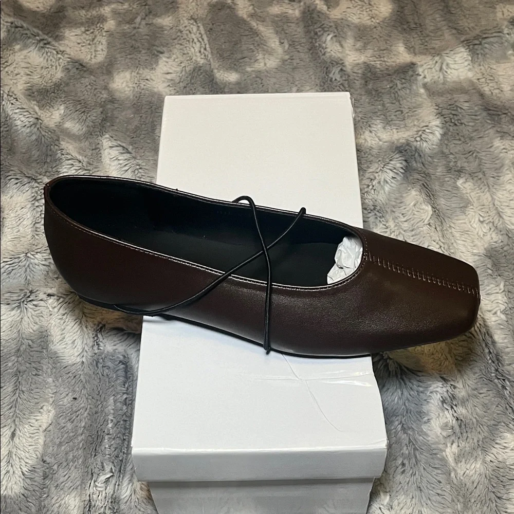 Brown Square-Toe Crisscross Strap Flats - Picture 5 of 17